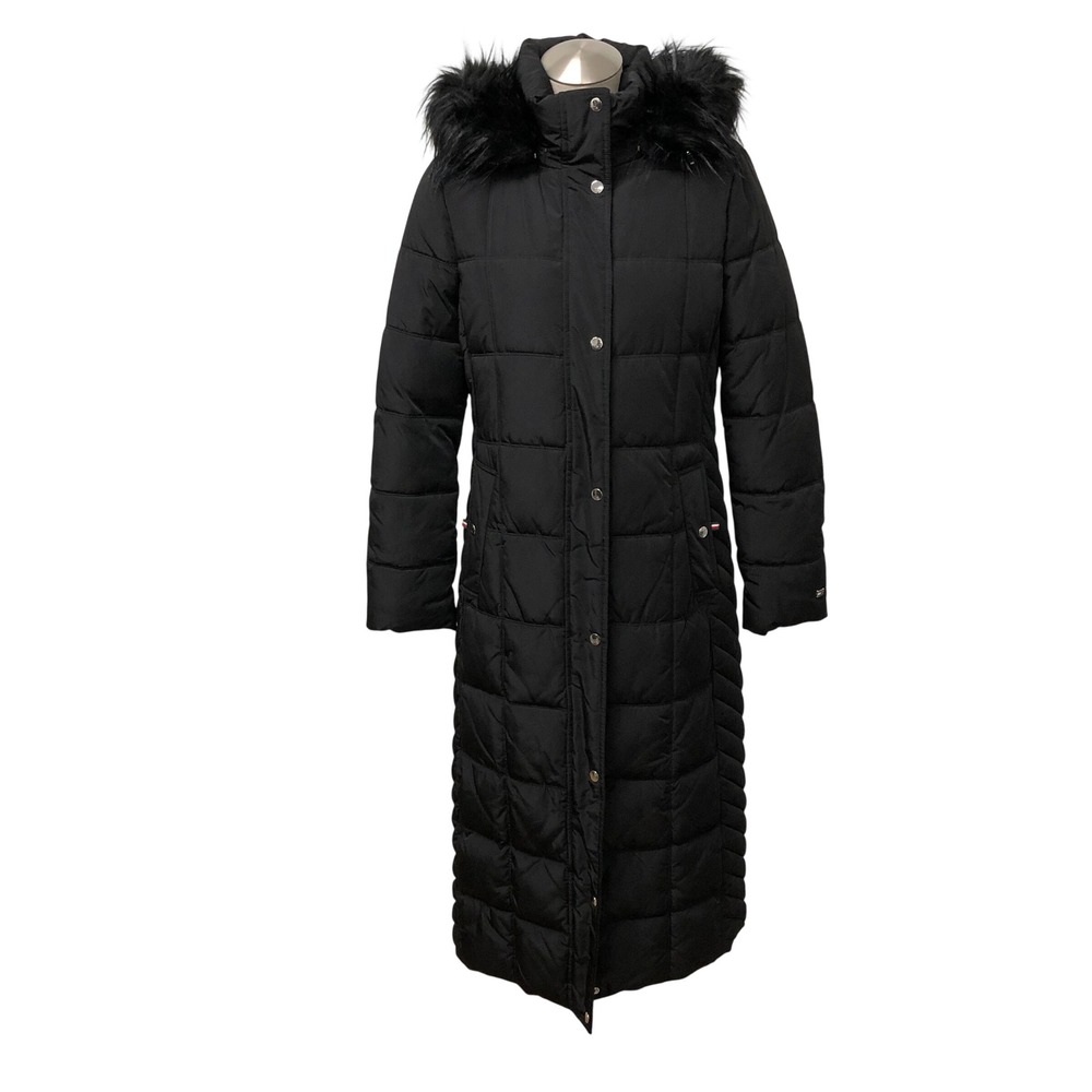 Tommy Hilfiger Puffer Jacket Womens Medium Black Long Faux Fur Hood Gorpcore